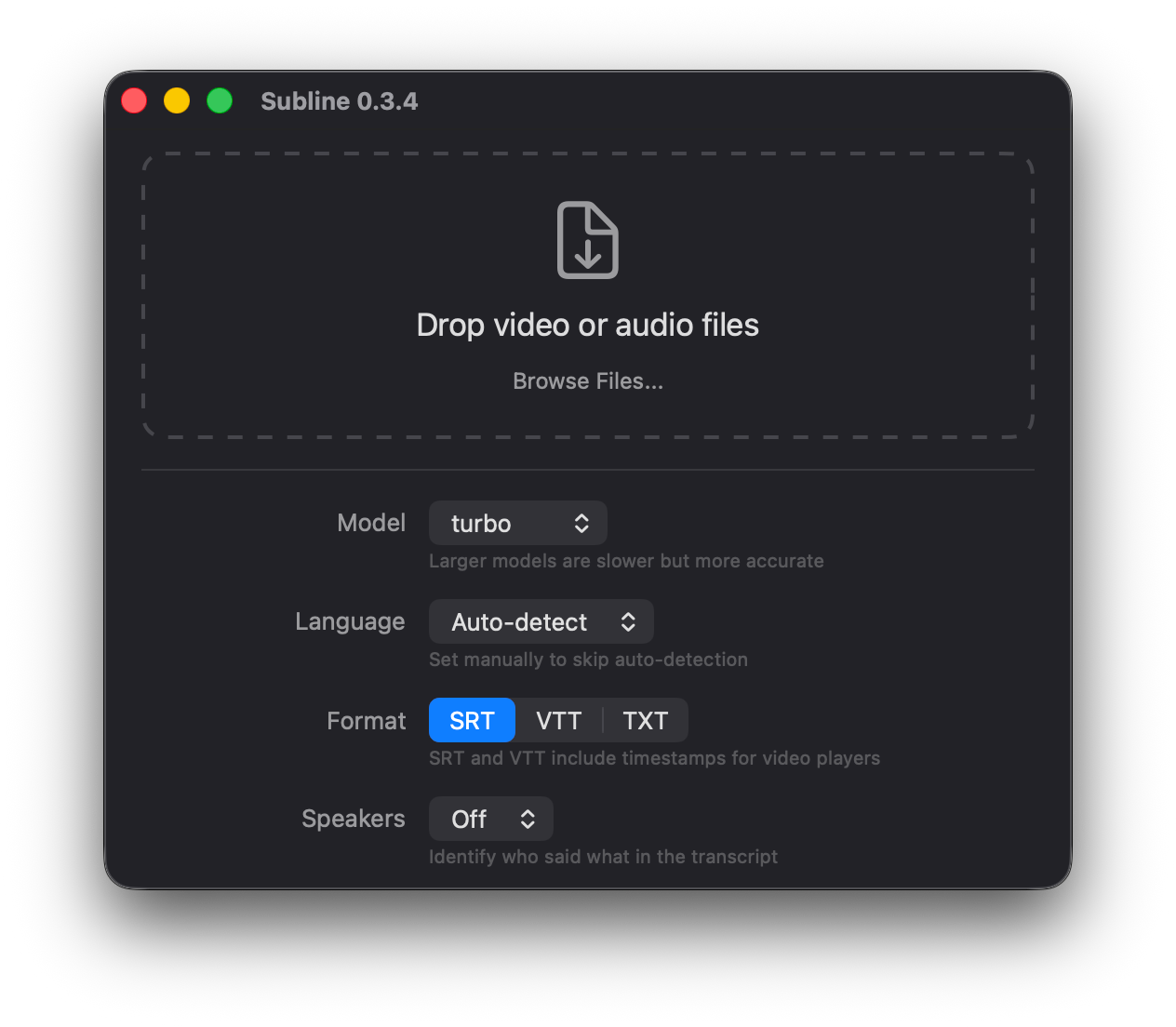 Subline — drag and drop interface with model, language, format and speaker settings