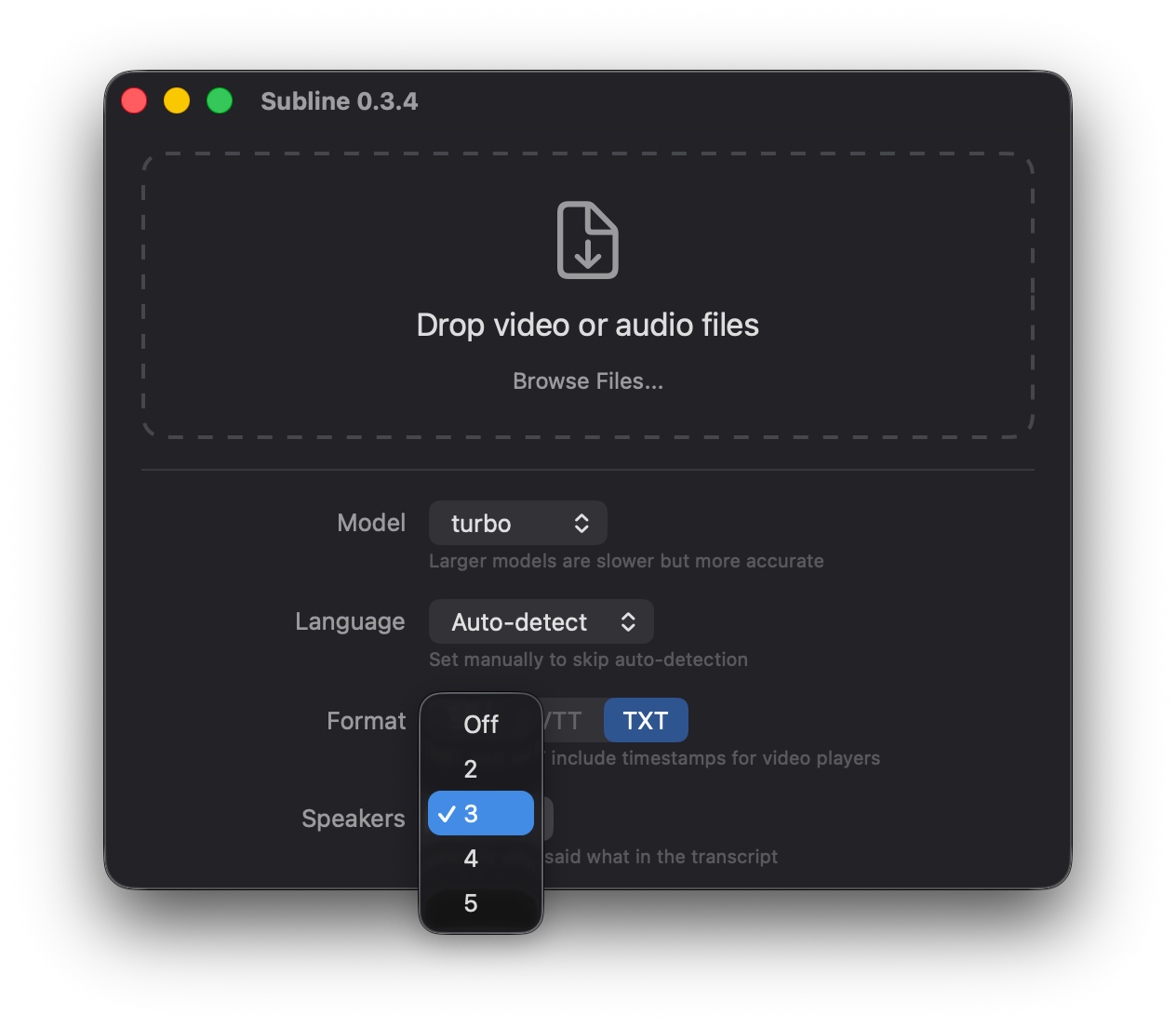 Speaker diarization settings with dropdown